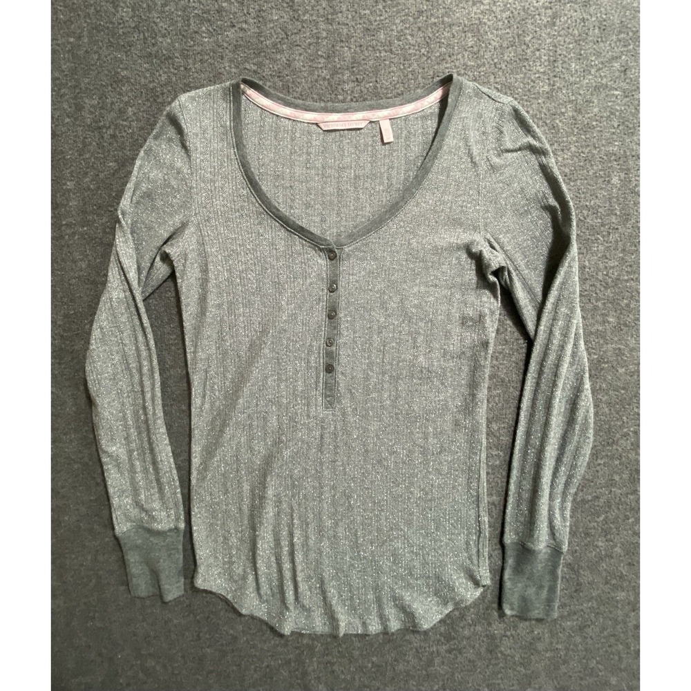 Victorias Secret Top Womens Ribbed Henley Silver Metallic Long Sleeve Size SP
